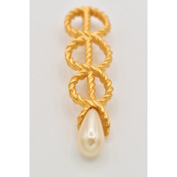 Givenchy Vintage Big Rope Pin Brooch Matte Brushed Gold Pearl Chunky Signed BinJ - Picture 5 of 12